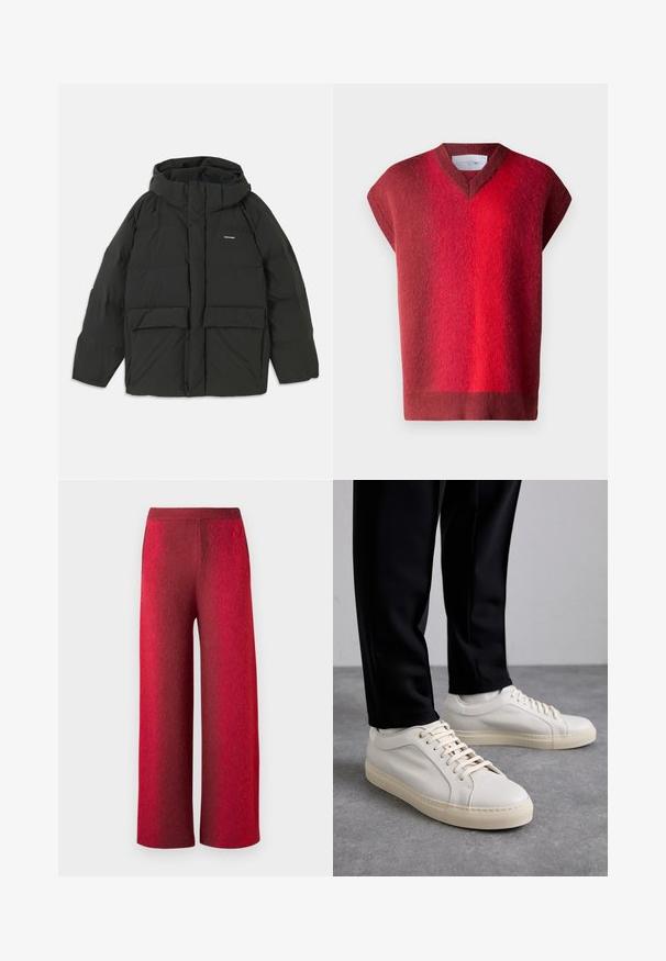 Black puffer jacket with a hood. Features a zip front, two large front pockets, and a smooth, quilted texture. Logo on the chest.; Red, short-sleeve sweater with a V-neck. Soft texture featuring a gradient from dark to light red. Minimalist design, no visible hardware.; Red wide-leg trousers in textured fabric with a high waistband. Features side pockets and a smooth finish, showcasing a gradient effect.; Light beige leather sneakers with flat laces, a textured surface, and a contrasting cream-colored rubber sole, paired with black tapered pants.