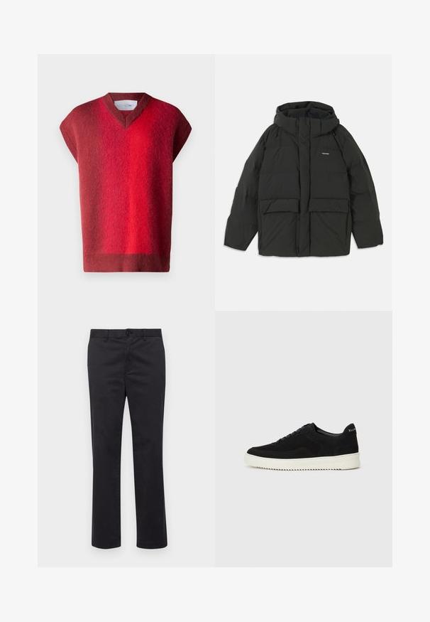 Black puffer jacket with a hood. Features a zip front, two large front pockets, and a smooth, quilted texture. Logo on the chest.; Red, short-sleeve sweater with a V-neck. Soft texture featuring a gradient from dark to light red. Minimalist design, no visible hardware.; Black cotton trousers with a straight leg design, featuring a button closure and belt loops. Smooth texture, no visible patterns or accents.; Black suede sneaker with lace-up design and contrasting white rubber sole. Features textured side panels and subtle branding on the heel.