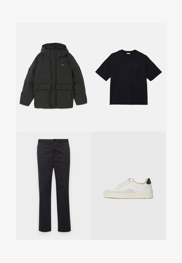 Czarna kurtka puchowa z kapturem. Posiada zamek z przodu, dwie duże kieszenie z przodu oraz gładką, pikowaną teksturę. Logo na klatce piersiowej.; Czarny podkoszulek z krótkim rękawem z bawełny, z okrągłym dekoltem i małym logo po lewej stronie klatki piersiowej. Gładka tekstura i luźny krój.; Czarne bawełniane spodnie z prostymi nogawkami, z zapięciem na guzik i pętelkami na pasek. Gładka faktura, bez widocznych wzorów czy zdobień.; Białe trampki z zamszowymi akcentami, zaokrąglony czubek, płaskie sznurowadła i kremowa gumowa podeszwa. Posiadają zielone logo na pięcie.