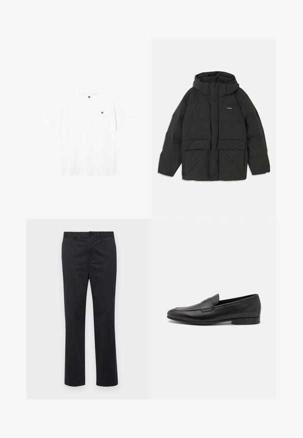 Sort pufferjakke med hætte. Har lynlåslukning foran, to store frontlommer og en glat, quiltet tekstur. Logo på brystet.; Hvid kortærmet t-shirt med rund hals og lille cirkulært logo, der viser et sort "W" på venstre brystområde.; Sorte bomuldsbukser med lige ben-design, der har en knaplukning og bæltestropper. Glat tekstur, ingen synlige mønstre eller accenter.; Sort læder herre loafers med lav hæl og et klassisk penny strap design, vist i sideprofil på en hvid baggrund.