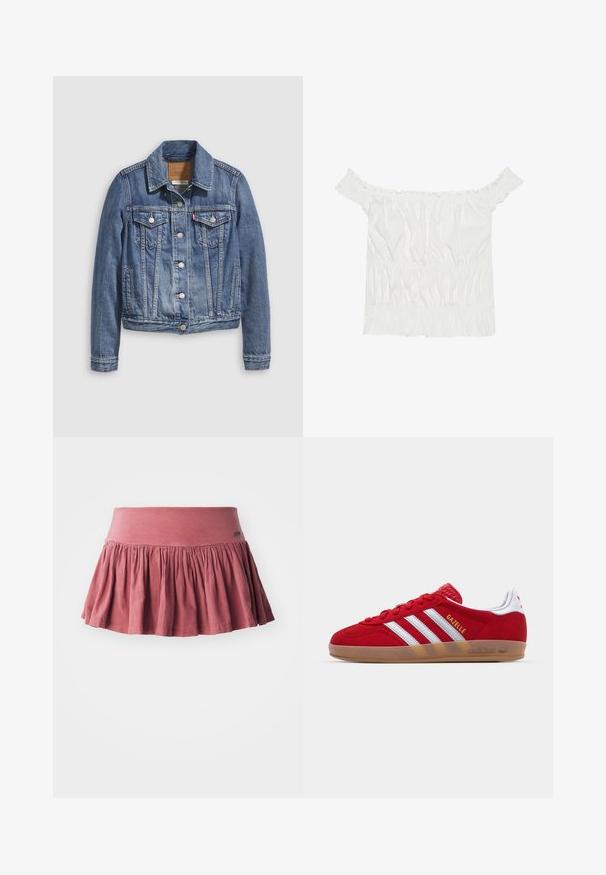 Keskitummansininen farkkutakki, jossa on klassinen kaulus, napillinen etuosa, kaksi rintataskua ja kullanväriset metalliosat. Kulutuspintainen yksityiskohta.; Valkoinen olkapään yli ulottuva paita, jossa on röyhelökoristeita, rypytetty pinta ja joustava vyötärö. Valmistettu pehmeästä puuvillakankaasta.; Vaaleanpunainen puuvillahame, jossa on elastinen vyötärö, poimuttuva yksityiskohta ja levenevä muoto. Sujuva tekstuuri, polvimittainen malli.; Punainen mokkanahkainen lenkkitossu, jossa on valkoinen kolmiraidallinen kuvio ja kultaiset "Gazelle"-tekstit. Varusteena kuminen pinta ja teksturoitu kanta.