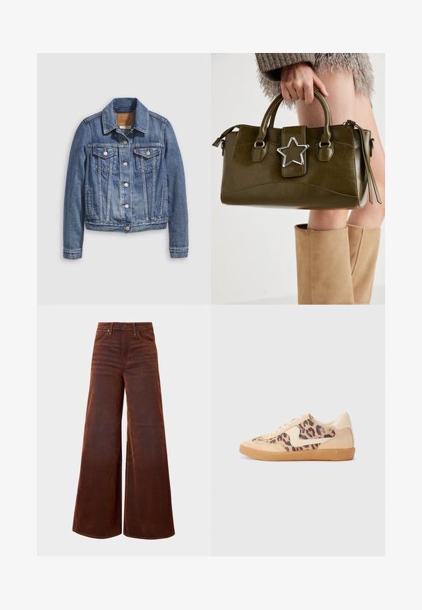 Džínová bunda v stredne modrej farbe s klasickým golierom, zapínaním na gombíky, dvoma náprsnými vreckami a kovaným zlatým detailom. Detail s opotrebovaným vzhľadom.; Biela blúzka bez ramienok s volánikmi, riasenou textúrou a elastickým pásom. Vyrobená z jemnej bavlnenej tkaniny.; Džíny s vysokým pásom, širokými nohavicami a hnedou farbou, s prednými vreckami, pútkami na opasok a zapínaním na gombík, zobrazené na jednoduchom pozadí.; Tenisky s leopardím vzorom, s béžovým semišovým zvrškom, svetlohnedou gumovou podrážkou a bielymi akcentmi. Okrúhla špička a šnurovací dizajn s textúrovaným povrchom.; Olive zelená kabelka z faux kože s striebornou hviezdou, dvojitými uchami a zipsovým uzáverom. Textúrovaný povrch a štruktúrovaný tvar.