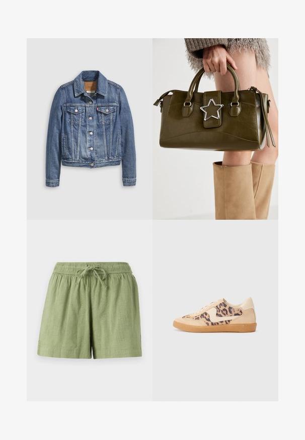 Jeans jakna v srednje modri barvi s klasičnim ovratnikom, z gumbi spredaj, dvema žepoma na prsih in z zlatimi kovinskimi detajli. Z vidnim obrabljenim videzom.; Bela bluzo brez naramnic z nabranimi detajli, nabranim teksturiranjem in elastičnim pasom. Narejena iz mehkega bombažnega blaga.; Svetlo zelene bombažne kratke hlače z elastičnim pasom in vrvico za zategovanje. Imajo stranske žepke in teksturirano površino tkanine.; Teniske s leopardjim vzorom z zgornjim delom iz bež semiša, rjavim gumijastim podplatom in belimi detajli. Okrogla konica in vezenje z vezalkami ter teksturirana površina.; Olivnozeleno usnjeno ročno torbico z srebrno zvezdo, dvema ročajema in zadrgo. Teksturna površina in strukturirana oblika.
