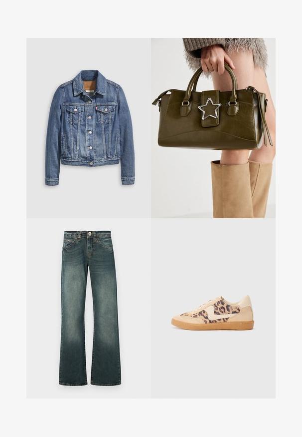 Keskmise sinise teksajakk klassikalise kraega, ees nööpidega, kahe rinnatasku ja kuldse tooniga riistvaraga. Kulunud tekstuuriga detail.; Valge õlavabalt topp, millel on volangakujulised aktsendid, kokku tõmmatud tekstuur ja elastne vöökoht. Valmistatud pehmest puuvillakangast.; Ühest soost laia säärega teksapüksid tumedas sinises teksas koos kulunud detailidega, klassikalise nööpidega kinnituse ja ees taskutega.; Leopardi mustriga tossud, millel on beež sueded ülemine osa, pruuni kummist põhi ja valged aktsendid. Ümar nina ja lipsukujundus, millel on tekstureeritud viimistlus.; Oliivroheline kunstnahast käekott koos hõbedase tähe aktsendiga, kahe käepideme ja luku sulgemisega. Tekstuuriga pind ja struktureeritud kuju.