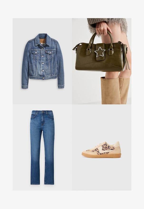 Džinsa jaka vidēji zilā krāsā ar klasisku apkakli, priekšā ar pogām, divām krūšu kabatām un zelta tonīša metāla detaļām. Nodilušas tekstūras elements.; Balta blūze bez piedurknēm ar viļņainiem akcentiem, grumbainu tekstūru un elastīgu jostasvietu. Izgatavota no maigas kokvilnas auduma.; Zilas denima bikses ar taisnām starām, augstu jostu, piecām kabatām un smalku šuvēm gar vīlēm. Gluda tekstūra.; Leoparda drukas kedas ar beidzējo zamša virsu, brūnu gumijas zoli un baltām akcenta detaļām. Apļveida purngals un auklu aizdare ar strukturētu virsmu.; Olive zaļš mākslīgās ādas rokassomu ar sudraba zvaigznes akcentu, divām rokturiem un rāvējslēdzēja aizdari. Strukturēta forma un teksturēta virsma.