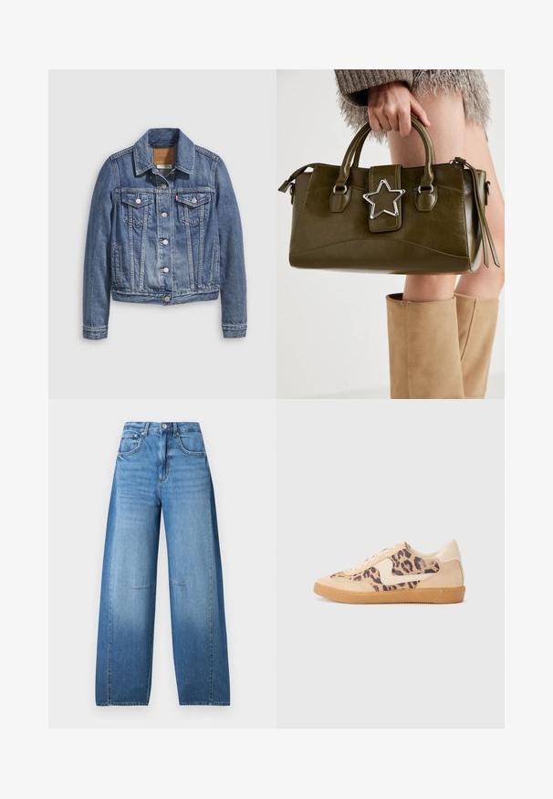 Vidutinės mėlynos spalvos džinsinė striukė su klasikiniu apykakliu, priekyje su sagomis, dviem krūtinės kišenėmis ir auksinės spalvos detalėmis. Sugadintos tekstūros detalė.; Balta be rankovių viršutinė dalis su raukšlėmis, susiraukšlėjusiu paviršiumi ir elastingu juosmeniu. Pagaminta iš minkštos medvilnės medžiagos.; Aukštos juosmens, plačių kojų džinsai šviesiai mėlyname džinsiniame audinyje su nublukusiu efektu, su sagčių uždarymu, penkiais kišenėmis ir siuvinėjimo detalėmis.; Leopardų rašto sportiniai batai su smėlio spalvos zomšiniu viršumi, rusvu guminiu padu ir baltais akcentais. Apvalus nosis ir raištelių užsegimas su tekstūruotu paviršiumi.; Alyvuogių žalios spalvos dirbtinės odos rankinė su sidabro žvaigždės akcentu, dviem rankenomis ir užtrauktuko uždarymu. Tekstūruotas paviršius ir struktūrizuota forma.