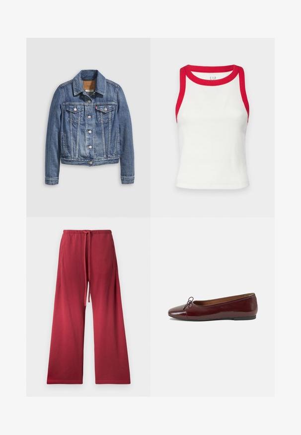 Kurtka dżinsowa w średnim odcieniu niebieskiego z klasycznym kołnierzem, zapięciem na guziki, dwoma kieszeniami na piersiach oraz złotymi elementami metalowymi. Detale o przetartym wykończeniu.; Biały podkoszulek z prążkowanej tkaniny z czerwonym wykończeniem na szyi i otworach na ramiona. Posiada dopasowany krój i prosty dół. Teksturowany materiał. Widoczne logo marki.; Czerwone spodnie o szerokich nogawkach wykonane z miękkiego materiału, z elastycznym paskiem w talii i sznurkiem do regulacji, oraz bocznymi kieszeniami dla wygody.; Bordowe baleriny z lakierowanej skóry z zaokrąglonym noskiem, małą kokardką z przodu oraz niską, czarną gumową podeszwą. Gładka tekstura.