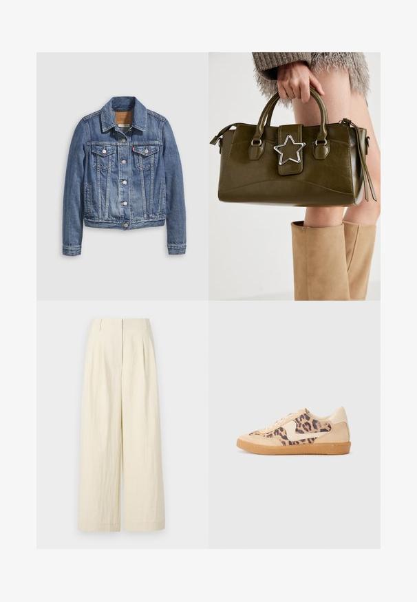 Giacca di jeans blu medio con colletto classico, chiusura frontale con bottoni, due tasche sul petto e dettagli in metallo tono oro. Particolarità di effetto consumato.; Maglietta di cotone grigia con collo rotondo classico, maniche corte e tessuto liscio, adatta per un abbigliamento casual.; Pantaloni a gamba larga di colore crema realizzati in un tessuto strutturato. Presentano pieghe frontali e una vita alta, offrendo una vestibilità ampia in tutto.; Sneakers in stampa leopardata con parte superiore in suede beige, suola in gomma color caramello e dettagli bianchi. Punta rotonda e design con lacci, con una finitura testurizzata.; Borsa a mano in similpelle verde oliva con accentatura a stella argentata, manici doppi e chiusura con zip. Superficie testurizzata e forma strutturata.