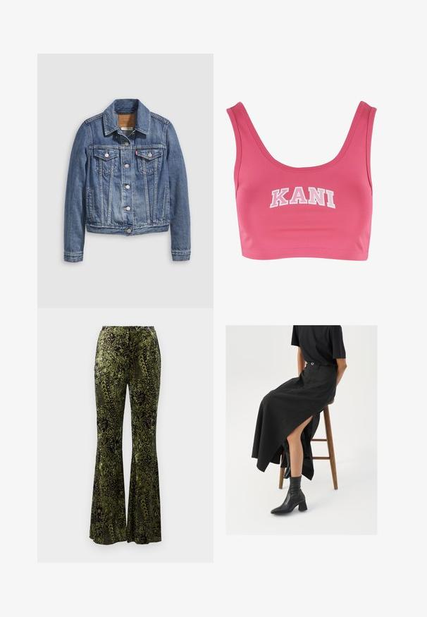 Denim jacket in medium blue with a classic collar, button front, two chest pockets, and gold-tone hardware. Distressed texture detail.; Pink crop top made of smooth fabric featuring a wide neckline and thick straps, with "KANI" printed in bold white letters on the front.; Diane von Furstenberg RUTHETTE PANTS - Trousers - green; Black linen maxi skirt with a high slit, worn with a black t-shirt and black ankle boots. Minimalistic design with a relaxed fit.