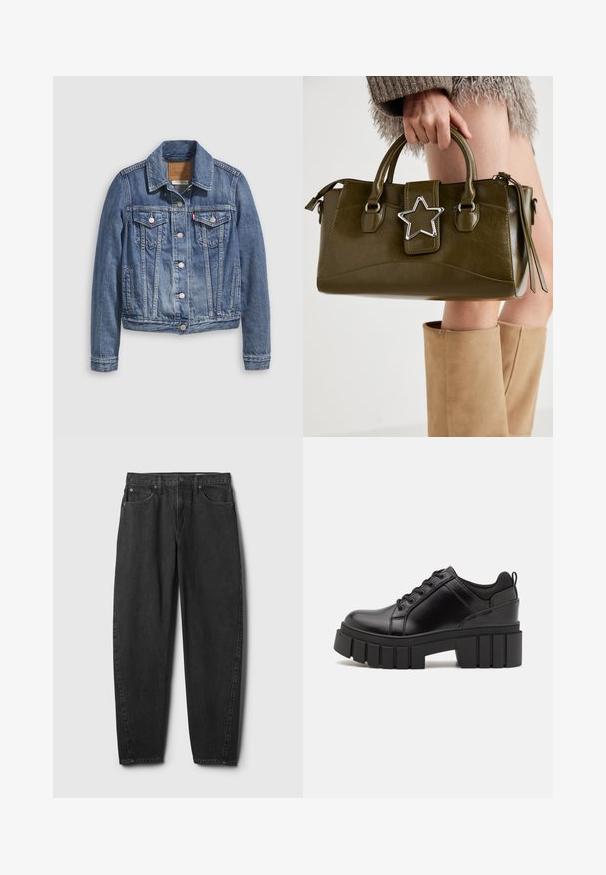 Közép kék farmerdzseki klasszikus gallérral, gombos előlappal, két mellzsebbel és aranyszínű fém alkatrészekkel. Kopott hatású textúra.; Fekete pamut póló rövid ujjakkal, bal mellkason egy kis rózsaszín pillangó grafikával. Kerek nyakú kialakítás, laza fazonnal.; Fekete, egyenes szárú farmernadrág öt zsebbel, gombos záródással és minimális varrással. Klasszikus dizájn és textúra.; Fekete bőr platform cipők vaskos blokk sarkakkal, kerek orral és hagyományos fűzős kialakítással. Simára csiszolt felület és minimális részletezés jellemzi.; Olívazöld műbőr kézitáska ezüst csillag díszítéssel, dupla fogantyúval és cipzáros zárással. Texturált felület és formázott alak.