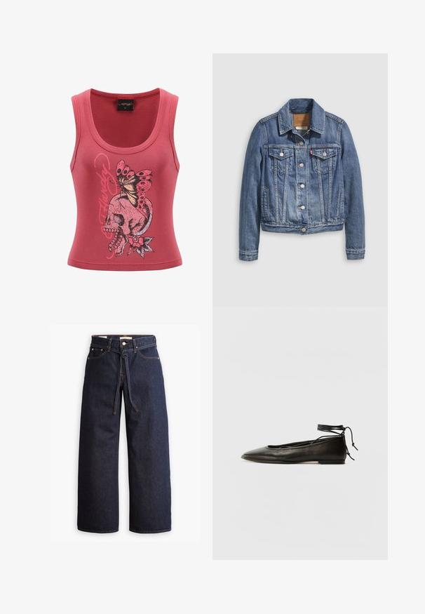 Jeansjacke in mittlerem Blau mit klassischem Kragen, Knopfleiste, zwei Brusttaschen und goldfarbenen Beschlägen. Mit Used-Effekt.; Färbiger, taillierter pinker Tanktop mit Rundhalsausschnitt, der auf der Vorderseite ein grafisches Design eines Schädels und eines Schmetterlings in Schwarz und Pink zeigt.; Weite, dunkelblaue Jeans aus Denim mit hoher Taille, ausgestattet mit einem Kordelzug, fünf Taschen und kontrastierenden Nähdetails.; Schwarze Leder-Ballerinas mit spitzem Zehenbereich, Knöchelband und flacher Sohle, die eine glatte Textur und ein minimalistisches Design aufweisen.