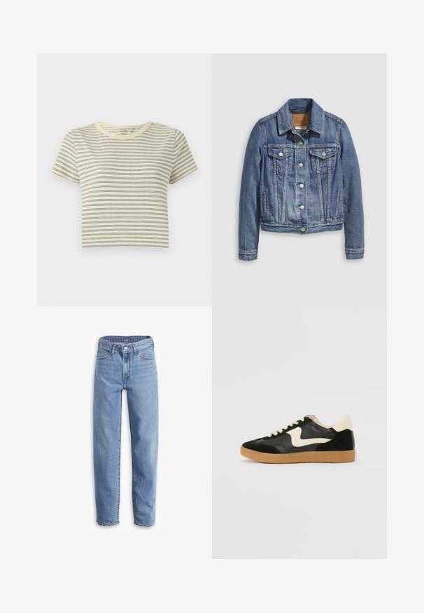 Közép kék farmerdzseki klasszikus gallérral, gombos előlappal, két mellzsebbel és aranyszínű fém alkatrészekkel. Kopott hatású textúra.; Sárga csíkos póló kék vízszintes vonalakkal, kerek nyakkivágású, rövid ujjú és rövidített fazonú. Puha pamut anyag, egyszerű design.; Világoskék, farmerből készült, laza szabású, egyenes lábú nadrág, öt zsebes dizájnnal és szaggatott szegélyekkel a sportos megjelenésért.; Fekete velúr és bőr sneaker, krém színű oldalsó swoosh-sal és világos krém színű sarokkal. Beigézett fűzőkkel és gumi talppal rendelkezik.