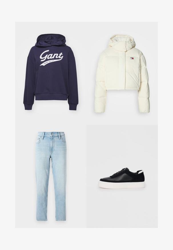 Kuttet kremfarget puffjakke med høy krage og glidelåshette. Har et rektangulært lappelogo på brystet og quiltede seksjoner.; Marineblå hettegenser laget av bomullsblanding, med et stort hvitt "Gant"-logo og teksten "1949 N.H.C.T." i en buet design.; Lyseblå denimjeans, rett ben-design, midjehøyde, med fem lommer og en knappelukking foran.; Svart sneakers med glatt skinn og semsket skinnpaneler, flate snørebånd, rund tå og hvit gummisåle. Distinkt logo på hælen.