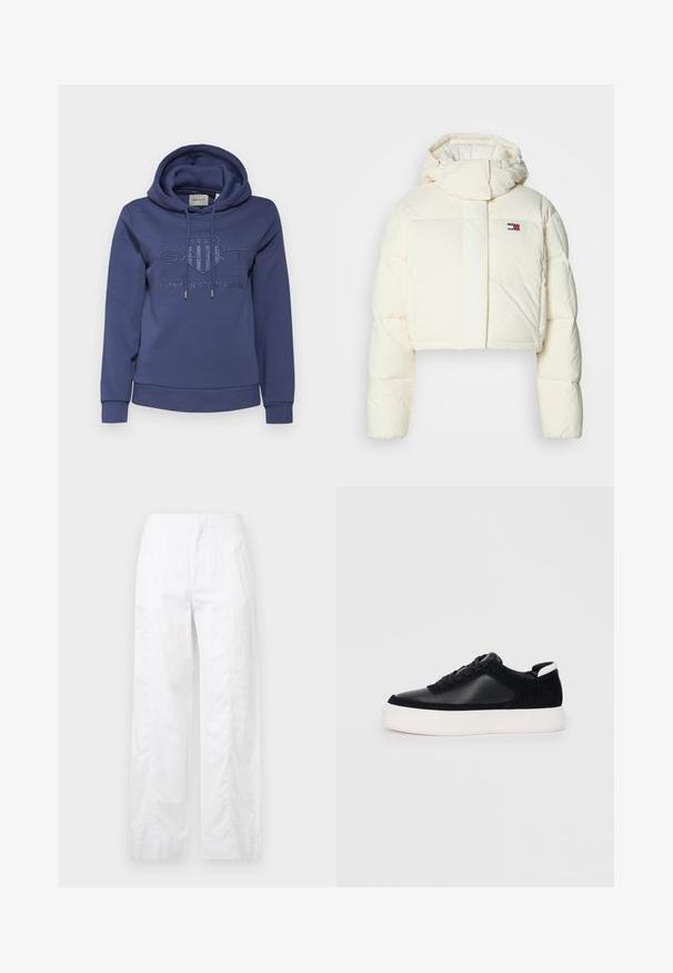 Giacca imbottita corta color crema con colletto alto e cappuccio con zip. Presenta un logo a patch rettangolare sul petto e sezioni trapuntate.; GANT TONAL SHIELD HOODIE - Felpa con cappuccio - dusty navy; Pantaloni bianchi a gamba larga realizzati in tessuto leggero, con una texture liscia, linee pulite e un design a vita alta.; Sneaker nera con pannelli in pelle liscia e suede, lacci piatti, punta arrotondata e suola in gomma bianca. Logo distintivo sul tallone.