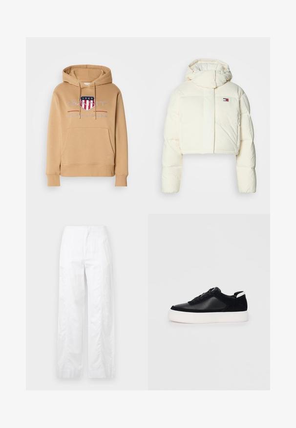 Veste courte en duvet crème avec un col haut et une capuche zippée. Présente un logo en patch rectangulaire sur la poitrine et des sections matelassées.; Sweatshirt à capuche en beige, doté d'une poche avant, de poignets côtelés et d'un logo avec des accents rouges et bleus. Matériau doux en mélange de coton.; Pantalons larges blancs en tissu léger, présentant une texture lisse, des lignes épurées et une taille haute.; Sneaker noir avec des panneaux en cuir lisse et en daim, lacets plats, bout rond et semelle en caoutchouc blanche. Logo distinct au niveau du talon.
