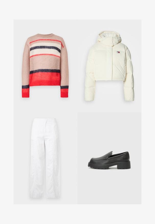 Krčka, kremasta puffa jakna s visokim ovratnikom i kapuljačom na zatvarač. Ima pravokutni logotip na prsima i kviltane dijelove.; Pleteni pulover s opuštenim krojem i prugama u crvenoj, mornarsko plavoj, krem i bež boji. Tekstuirana tkanina s rebrastim dekolteom i rubom.; Bijele široke hlače od laganog materijala, s glatkom teksturom, čistim linijama i visokim strukom.; Crne kožne loaferice s zaobljenim vrhom, debelim teksturiranim potplatom i minimalnim detaljima šivanja. Elegantna izrada bez vidljivih vezica ili metalnih elemenata.