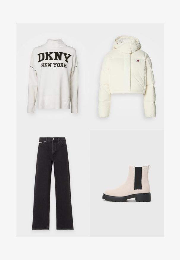 Cropped, cream puffer jacket with a high collar and zipper hood. Features a rectangular patch logo on the chest and quilted sections.; DKNY INTARSIA LOGO TURTLENECK HIGH LOW BOXY SWEATER - Jumper - eggnog/black; Black wide-leg jeans made of denim, featuring a high-rise waist, five-pocket styling, and a metal button closure with contrasting stitching.; Beige suede Chelsea boot with black elastic side panel, chunky black sole, and pull tab at ankle.