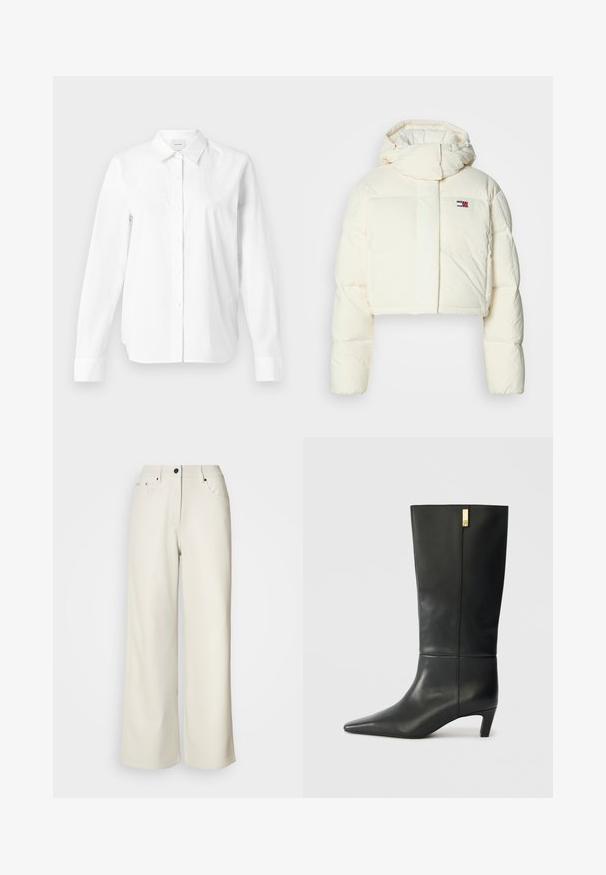 Kratota, krēmkrāsas pūkaina jaka ar augstu apkakli un rāvējslēdzi uz kapuces. Iespējo taisnstūra formas logo uz krūts un kviltētas daļas.; Balta pogu krekla, izgatavota no kokvilnas. Tam ir klasiskā apkakle, garas piedurknes un brīva silueta. Nav redzamu rakstu vai akcentu.; Krēmkrāsa platās bikses, izgatavotas no gludas auduma. Iezīmē vidēji augstu jostasvietu, rāvējslēdzi un divas priekšējās kabatas ar melniem aksesuāriem.; Melnas ādas ceļgala auguma zābaki ar smailu purngalu un mazu papēdi. Īpašības ietver elegantu dizainu ar zeltu akcenta detaļu. Gluda tekstūra.