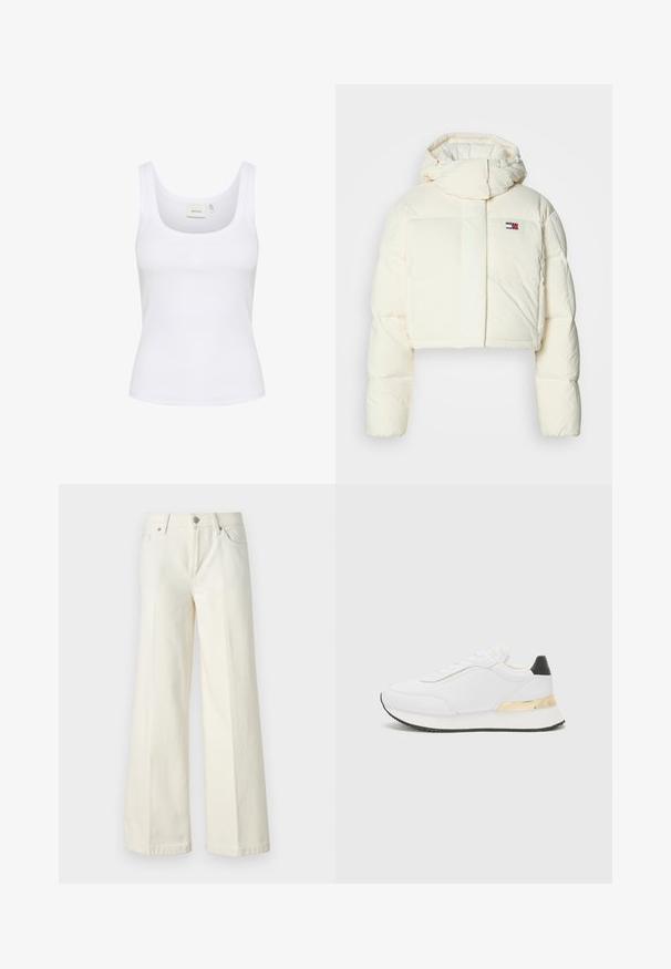 Rövidített, krém színű puffertakaró dzseki magas gallérral és cipzáras kapucnival. Az elején egy téglalap alakú logófolt található, valamint steppeléses részek.; Fehér ujjatlan trikó bordás anyagból. Kerek nyakkivágással és egy diszkrét logóval a közepén. Egyszerű, testhezálló kialakítás.; Bőszárú fehér farmernadrág pamut keverék anyagból. Cipzáras záródással, öt zsebes kialakítással és varrással a varratok mentén.; Fehér sneakers sima felülettel, fekete sarok kiemeléssel és arany fém részlettel a talp középső részén. Fűzős kialakítás, gumitalp.