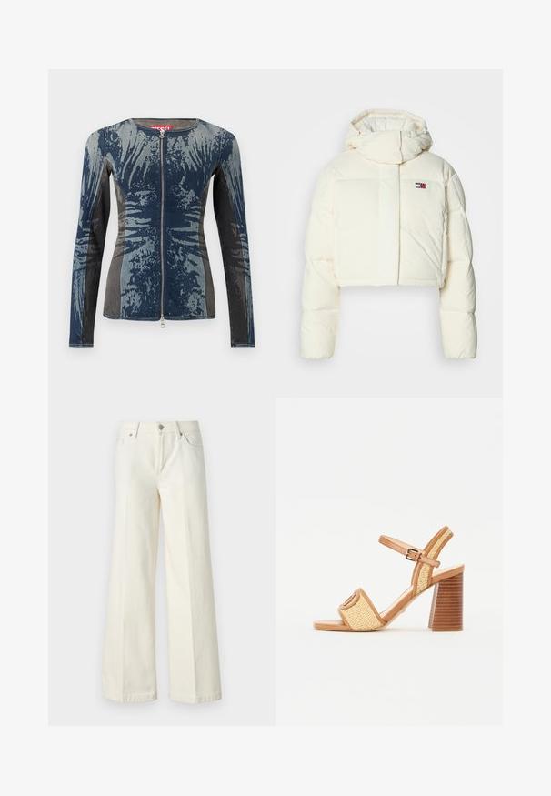 Skrajšani, kremni puhovka s visokim ovratnikom in kapuco na zadrgo. Ima pravokotno oznako na prsih in prešite dele.; Jeans jakna, ki združuje modre in sive odtenke, z zadrgo spredaj, dolgimi rokavi in unikatnim abstraktnim vzorcem. Teksturirana tkanina.; Široke bele kavbojke so narejene iz mešanice bombaža. Imajo zadrgo, pet žepov in šive vzdolž šivov.; Bralni usnjeni sandali s peto in tkano slamo, ki imajo trak okoli gležnja, odprto prst in masivno leseno peto s horizontalnimi črtami.