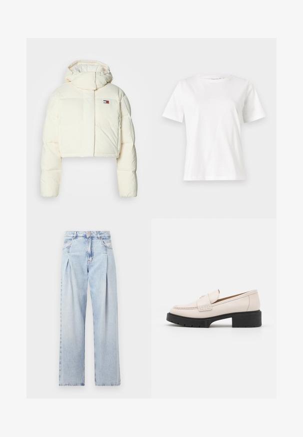 Trumpas, kreminės spalvos pūkų striukė su aukštu apykakle ir užtrauktuku. Yra stačiakampė logotipo etikete ant krūtinės ir siuvinėtos dalys.; Balta medvilninė marškinėliai trumpomis rankovėmis, su apvalia iškirpte ir laisvu siluetu. Lygi tekstūra, be raštų ar akcentų, minimalistinis dizainas.; Šviesiai mėlyni džinsai su aukštu liemeniu, plačiomis kojomis, dviem šoninėmis kišenėmis ir raukinių dizainu. Minkšta tekstūra su nudilusia apdaila.; Šviesiai smėliniai odiniai laivai su siuvinėta priekiu ir tekstūriniu juodu platformos kulnu. Pasižymi kreiviu dizainu ir nedideliu pakilimu.