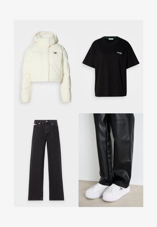 Giacca imbottita corta color crema con colletto alto e cappuccio con zip. Presenta un logo a patch rettangolare sul petto e sezioni trapuntate.; T-shirt in cotone nero con maniche corte, caratterizzato da un piccolo logo verde sul lato sinistro del petto. Classico colletto a girocollo, vestibilità rilassata.; Jeans neri a gamba larga in denim, con vita alta, styling a cinque tasche e chiusura con bottone metallico e cuciture a contrasto.; Sneakers bianchi in pelle liscia e texture. Presentano suole spesse e un logo discreto sul lato. Abbinati a pantaloni in ecopelle neri.