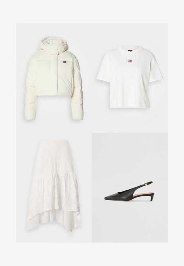 Krótkie, kremowe puchowe kurtki z wysokim kołnierzem i kapturem na zamek. Posiada prostokątną naszywkę z logo na klatce piersiowej oraz pikowane sekcje.; Biała bawełniana koszulka z okrągłym dekoltem i krótkimi rękawami. Posiada małą kolorową łatkę z logo w czerwonych, niebieskich i białych akcentach na klatce piersiowej.; Biała, warstwowa spódnica z haftem kwiatowym. Posiada dopasowaną talię i zwiewny, warstwowy materiał, tworzący asymetryczny dół.; Czarne skórzane buty na obcasie typu slingback z ostrym noskiem, niskim obcasem i regulowanym paskiem na kostkę z złotym zapięciem. Gładka faktura.