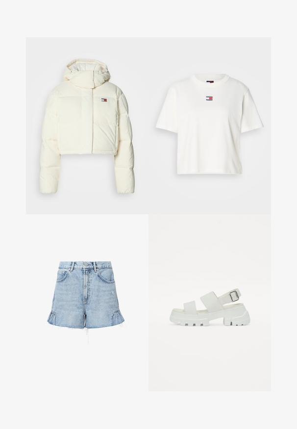Chaqueta acolchada corta color crema con cuello alto y capucha con cremallera. Presenta un parche rectangular con logo en el pecho y secciones acanaladas.; Camiseta de algodón blanca con cuello redondo y mangas cortas. Presenta un pequeño parche de logotipo en color con acentos en rojo, azul y blanco en el pecho.; Shorts de denim azul claro con dobladillo deshilachado, que presentan volantes laterales, bolsillos frontales y un cierre de botón con cremallera.; Sandalias blancas con suela gruesa, que presentan dos correas anchas y un detalle de hebilla en la correa del tobillo. Textura suave, diseño minimalista.