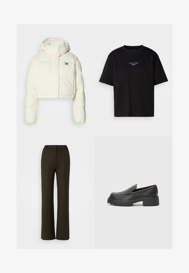 Skraťená krémová pufová bunda s vysokým golierom a kapucňou na zips. Obsahuje obdĺžnikové nášivku na hrudi a prešívané sekcie.; Čierne bavlnené tričko s okrúhlym výstrihom, krátkymi rukávmi a modrým vyšívaným logom "Calvin Klein JEANS" na prednej strane.; Široké nohavice tmavohnedej farby s textúrovaným vzorom malých vykrojení. Majú priliehavý pás a bezšvový dizajn pre hladký vzhľad.; Čierne kožené mokasíny s okrúhlou špičkou, hrubou textúrovanou podrážkou a minimom stehovej výzdoby. Štíhly dizajn bez viditeľných šnúr alebo kovania.