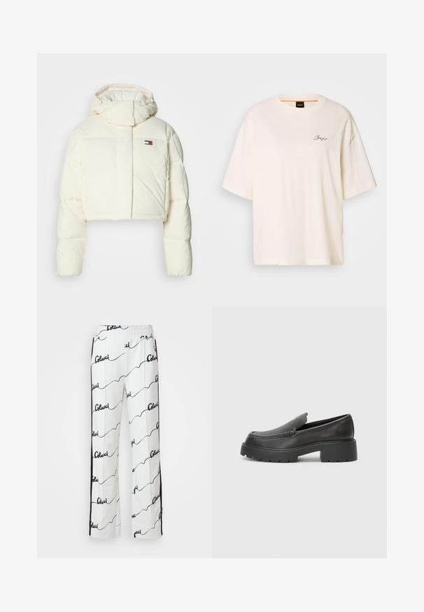 Chaqueta acolchada corta color crema con cuello alto y capucha con cremallera. Presenta un parche rectangular con logo en el pecho y secciones acanaladas.; Camiseta blanca de gran tamaño hecha de un tejido suave, con cuello redondo y mangas cortas, que presenta un pequeño logo negro de "Boss" en la parte frontal.; Pantalones de algodón blancos con un patrón de escritura en negro que se repite. Diseño de pernera recta con una cinturilla elástica y rayas laterales.; Mocasines de piel negra con punta redondeada, suela texturizada gruesa y mínimos detalles de costura. Diseño elegante sin cordones o herrajes visibles.