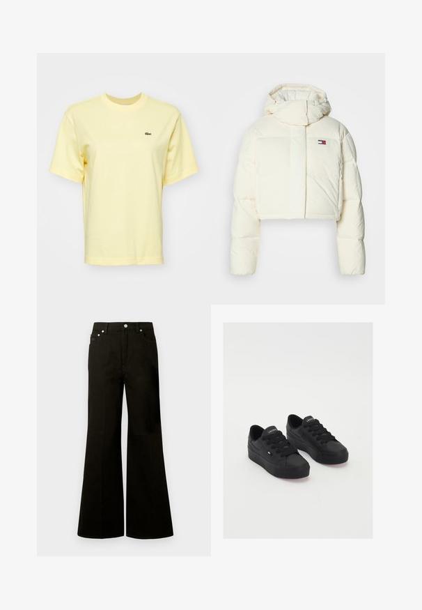 Krótkie, kremowe puchowe kurtki z wysokim kołnierzem i kapturem na zamek. Posiada prostokątną naszywkę z logo na klatce piersiowej oraz pikowane sekcje.; Jasnożółta bawełniana koszulka z krótkimi rękawami. Posiada małe zielone logo krokodyla na lewej piersi. Klasyczny krój z okrągłym dekoltem.; Czarne jeansy z wysokim stanem, szerokimi nogawkami, z przodu zapinane na guziki i suwak, z szlufkami na pasek oraz pięcioma kieszeniami, w tym małą kieszonką na monety.; Czarne niskie sneakersy wykonane z gładkiego materiału, z grubymi sznurowadłami, teksturowaną podeszwą oraz małym logo po boku i na języku.