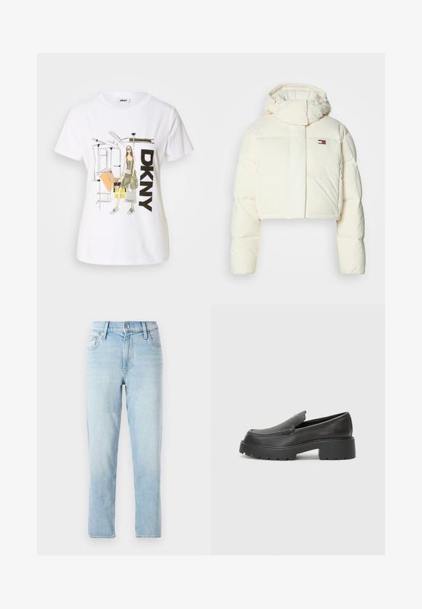 Cropped, cream puffer jacket with a high collar and zipper hood. Features a rectangular patch logo on the chest and quilted sections.; White cotton t-shirt featuring a graphic illustration of a woman, "DKNY" text, and New York subway elements. Casual fit, short sleeves.; Light blue denim jeans, straight-leg design, mid-rise waist, with five-pocket styling and a button closure at the front.; Black leather loafers with a rounded toe, thick textured sole, and minimal stitching details. Sleek design with no visible laces or hardware.