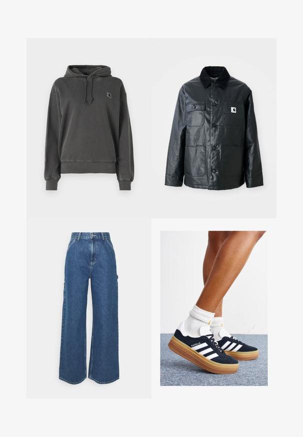 Svart läderjacka med ett kordflöjelfodrat krage, fyra framfickor och rundade knappar. Slät textur med en minimalistisk design.; Carhartt WIP HOODED NELSON - Sweatshirt - graphite; Breda ljusblå denimbyxor med hög midja, kontrasterande sömmar och sidofickor, som har en klassisk femficksdesign och råa kanter.; Svarta sneakers i mocka med vita ränder och detaljer, rundad tå, yttersula i gummiblandning, kombinerade med vita ribbade crew-strumpor.