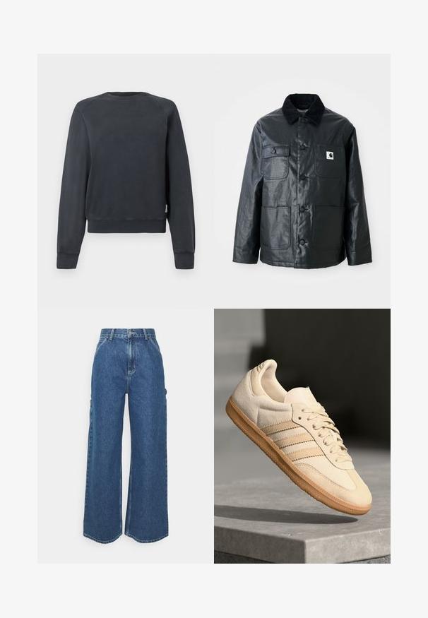 Svart läderjacka med ett kordflöjelfodrat krage, fyra framfickor och rundade knappar. Slät textur med en minimalistisk design.; Mörkgrå sweatshirt med rund halsringning, raglanärmar och ribbade muddkanter och nederkant. Slät textur utan synliga mönster eller detaljer.; Breda ljusblå denimbyxor med hög midja, kontrasterande sömmar och sidofickor, som har en klassisk femficksdesign och råa kanter.; Ljusbeige mockasneaker med gummisula, tre diagonala ränder och en texturerad tåhuvud. Har logotyp på tungan och sidan.