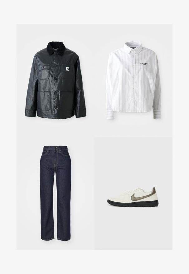 Jaqueta de couro preta com um colarinho de veludo cotelê, quatro bolsos frontais e botões arredondados. Textura suave com um design minimalista.; Camisa de manga longa branca com riscas cinzentas verticais, colarinho com botões e logotipo no peito esquerdo. Tecido macio com um corte descontraído.; Calças de ganga de dieta escura, com cintura alta, design de perna reta, costura visível, cinco bolsos e fecho de botão na frente.; Nike Sportswear FIELD GENERAL - Sapatilhas - off-white/black