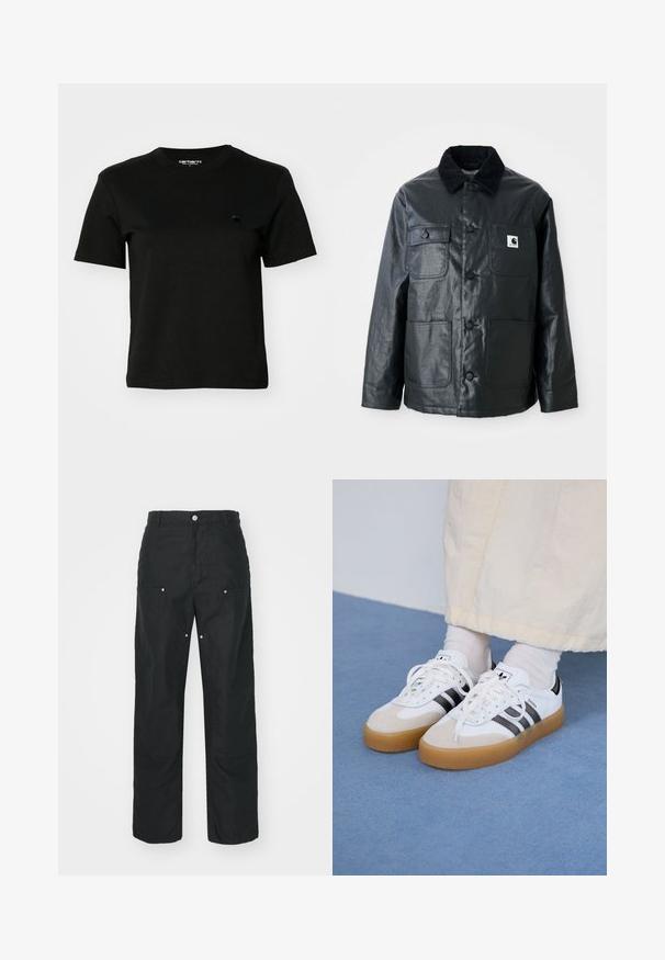 Schwarze Lederjacke mit Cordkragen, vier Vordertaschen und runden Knöpfen. Sanfte Textur mit minimalistischem Design.; Schwarzes T-Shirt aus Baumwolle. Kurze Ärmel und runder Halsausschnitt. Mit einem kleinen, dunklen Logo auf der linken Brust. Schlichtes, klassisches Design.; Schwarze Hose mit geradem Bein, aus einem strukturierten Stoff. Verfügt über dekorative silberne Hardware und einzigartige Nahtdetails.; Weiße Sneaker mit schwarzen Streifen und beigen Wildlederakzenten. Besitzen eine strukturierte Gummisohle und flache weiße Schnürsenkel, getragen mit hellen Socken.