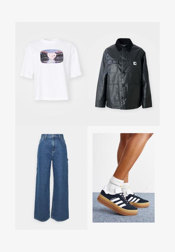 Melnā ādas jaka ar korduroja apkakli, četriem priekšējiem kabatām un noapaļotām pogām. Gluda tekstūra ar minimālistisku dizainu.; Balta kokvilnas T-kreklu ar brīvu piegriezumu. Ietver krāsainu grafisko izdruku, kas atgādina sirdi un ainavisku skatu taisnstūra rāmi.; Platleņķa zili džinsi ar augstu jostasvietu, kontrastējošām šuvēm un sānu kabatām, ar klasisku piecu kabatu dizainu un neapstrādātiem malām.; Melnas zamšādas sporta kurpes ar baltām svītrām un akcentiem, apaļa purngala daļa, gumijas zole, kopā ar baltām ribotām sporta zeķēm.