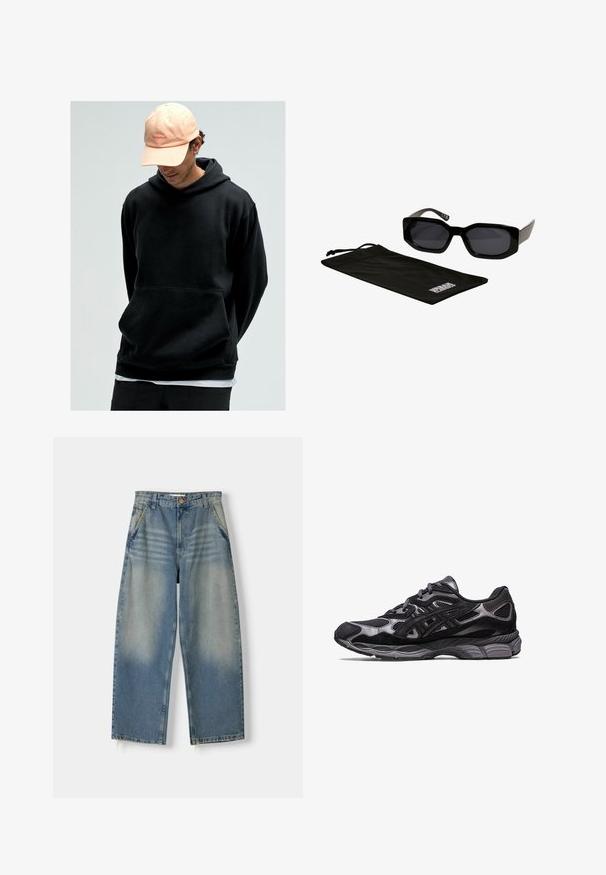 Zwarte bomberjack gemaakt van glanzend nylon met een ritssluiting aan de voorkant, ribgebreide manchetten en een ritszak op de linkermouw. De binnenkant is felrood.; Zwarte hoodie met kangoeroezak, gemaakt van zachte stof. Gecombineerd met een lichtroze baseballcap met een logo.; Lichtblauwe denim broek met wijde pijpen en een vervaagde afwerking, vijf zakken ontwerp en een ruwe zoom. Voorzien van een knoop- en ritssluiting aan de voorkant.; Zwarte sportschoen met een bovenwerk van mesh en suede, met een gestructureerd ontwerp en een robuuste, gewatteerde grijze zool.; Zwarte zonnebril met hoekige, oversized monturen en donkere lenzen, vergezeld van een zwarte microfiber zak met een logo erop.