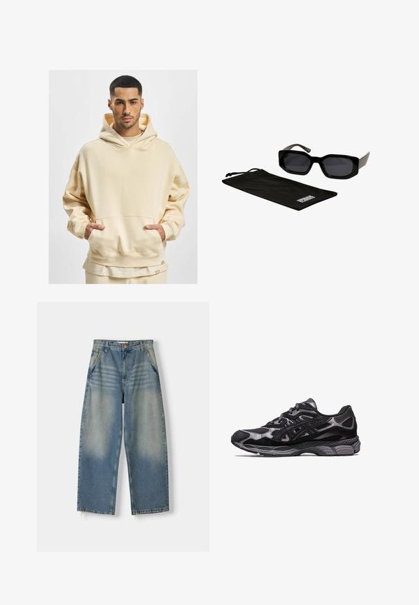 Sort bomberjakke lavet af skinnende nylon med frontlynlås, ribbede manchetter og en lynlåslomme på venstre ærme. Indersiden er lys rød.; Beige oversized hættetrøje lavet af blødt stof med en stor forlomme og hætte med snøring. Den nederste kant inkluderer et mærke.; Lyseblå denim wide-leg jeans med en falmet finish, fem-lomme design og rå kant. Har en frontknap og lynlås lukning.; Sort atletisk sko med overdel i mesh og suede, udstyret med et struktureret design og en robust, polstret grå sål.; Sorte solbriller med trekantede, overdimensionerede stel og mørke linser, ledsaget af en sort mikrofiberpose med et logo på.