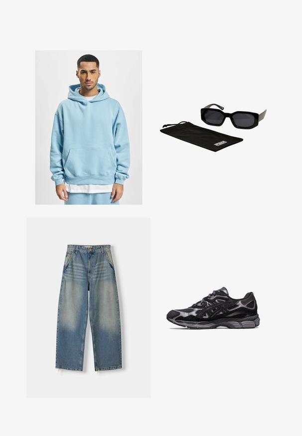 Sort bomberjakke lavet af skinnende nylon med frontlynlås, ribbede manchetter og en lynlåslomme på venstre ærme. Indersiden er lys rød.; Lyseblå hoodie lavet af blødt stof, med en kengurulomme, snor i hætten og ribbede manchetter. Lagt over en hvid skjorte.; Lyseblå denim wide-leg jeans med en falmet finish, fem-lomme design og rå kant. Har en frontknap og lynlås lukning.; Sort atletisk sko med overdel i mesh og suede, udstyret med et struktureret design og en robust, polstret grå sål.; Sorte solbriller med trekantede, overdimensionerede stel og mørke linser, ledsaget af en sort mikrofiberpose med et logo på.