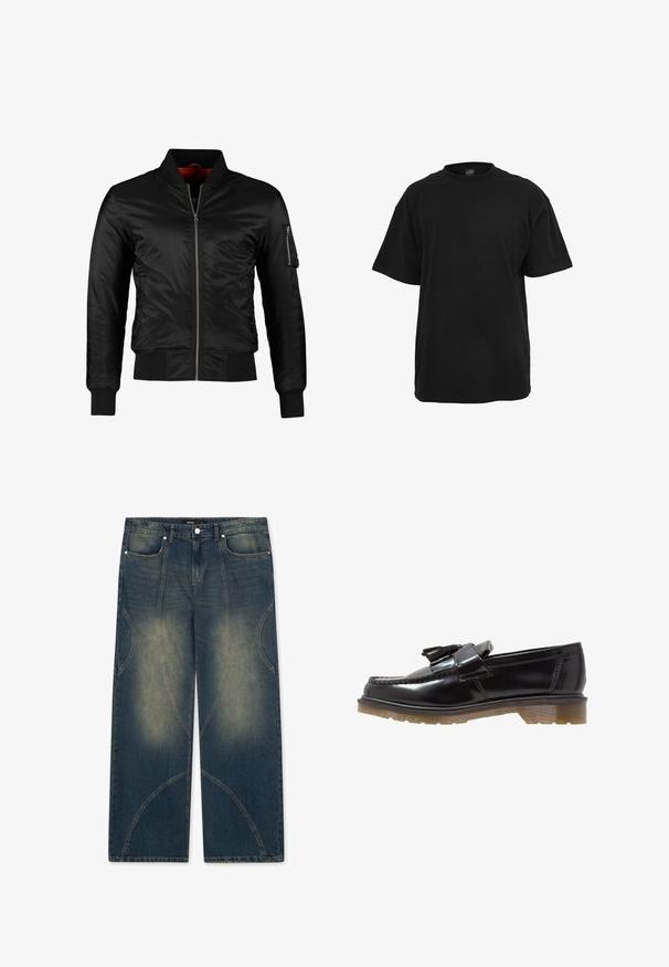 Jachetă bomber neagră, fabricată din nailon lucios, cu fermoar frontal, manșete ribbate și un buzunar cu fermoar pe mâneca stângă. Interiorul este roșu aprins.; Tricou din bumbac negru, cu o croială lejeră, mâneci scurte, guler rotund și o textură netedă și uniformă. Fără logo-uri sau modele vizibile.; FAVELA DOUBLE LAYER - Blugi loose fit - dark blue; Loaferi din piele patent neagră, cu un design împletit, accent cu ciucure și o talpă din cauciuc texturat, robustă. Vederea laterală evidențiază silueta elegantă.