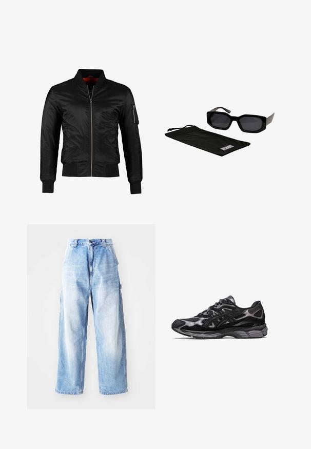 Svart bomberjacka i glänsande nylon med dragkedja fram, ribbad mudd och en ficka med dragkedja på vänster ärm. Insidan är klar röd.; Olivgrön bomullst-shirt med en stor svart Levi's-logotyp i en kontrasterande halvbåge över bröstet. Normal passform.; Ljusblå denimvidbenade jeans med hög midja, som har knappstängning fram, bälteshällor och lätt blekta fläckar på tyget.; Svart sportskor med ovandel i mesh och mocka, som har en strukturerad design och en robust, dämpad grå sula.; Svarta solglasögon med kantiga, överdimensionerade bågar och mörka linser, tillsammans med en svart mikrofiberpåse med en logotyp på.