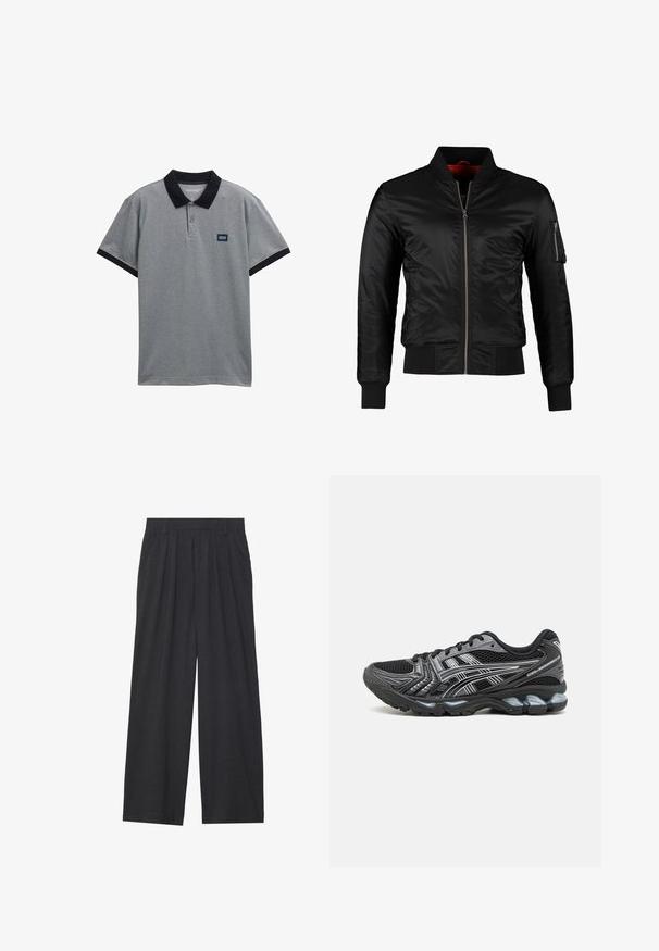 Schwarze Bomberjacke aus glänzendem Nylon mit einem Frontreißverschluss, gerippten Bündchen und einer Reißverschlusstasche am linken Ärmel. Das Innenfutter ist leuchtend rot.; Graues Poloshirt mit schwarzem Kragen und Akzenten an den Ärmeln. Verfügt über einen dreiknöpfigen Verschluss und ein kleines Logo-Patch auf der Brust. Aus Baumwollmischgewebe.; Weit geschnittene Hosen aus dunkelgrauem Stoff. Merkmale sind Falten an der Taille, ein maßgeschneiderter Schnitt und eine gerade Silhouette.; Schwarze Sportschuhe mit Mesh-Obermaterial, silbernen Akzenten und gepolsterter Sohle. Verfügt über ein Schnürdesign und ein strukturiertes Profil für besseren Halt.