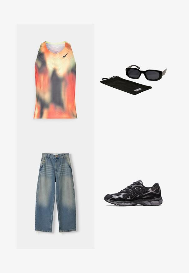 Schwarze Bomberjacke aus glänzendem Nylon mit einem Frontreißverschluss, gerippten Bündchen und einer Reißverschlusstasche am linken Ärmel. Das Innenfutter ist leuchtend rot.; Herren ärmelloses Shirt aus leichtem Mesh-Gewebe in orange, schwarz und grauem abstraktem Muster; verfügt über das Nike-Logo und eine perforierte Textur.; Hellblaue Denim-Jeans im weit geschnittenen Stil mit einem ausgewaschenen Finish, Fünf-Taschen-Design und rohem Saum. Mit einem Knopf- und Reißverschluss vorne.; Schwarzer Sportschuh mit einem Obermaterial aus Mesh und Wildleder, der ein strukturiertes Design und eine robuste, gepolsterte graue Sohle aufweist.; Schwarze Sonnenbrille mit eckigen, übergroßen Rahmen und dunklen Gläsern, begleitet von einem schwarzen Mikrofaserbeutel mit einem Logo.