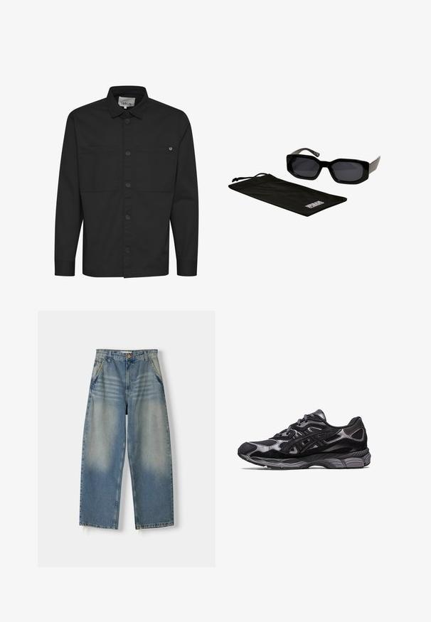 Giacca bomber nera realizzata in nylon lucido con zip frontale, polsini a costine e tasca con zip sulla manica sinistra. L'interno è di un brillante colore rosso.; Maglietta nera a maniche lunghe con chiusura a bottoni frontale, due tasche sul petto e colletto a punta. Realizzata in tessuto liscio con finitura opaca.; Jeans a gamba larga in denim blu chiaro con finitura sbiadita, design a cinque tasche e orlo grezzo. Presenta una chiusura anteriore con bottone e zip.; Scarpa sportiva nera con tomaia in mesh e suede, caratterizzata da un design testurizzato e una robusta suola grigia imbottita.; Occhiali da sole neri con montatura grande e angolare e lenti scure, accompagnati da una custodia in microfibra nera con un logo.