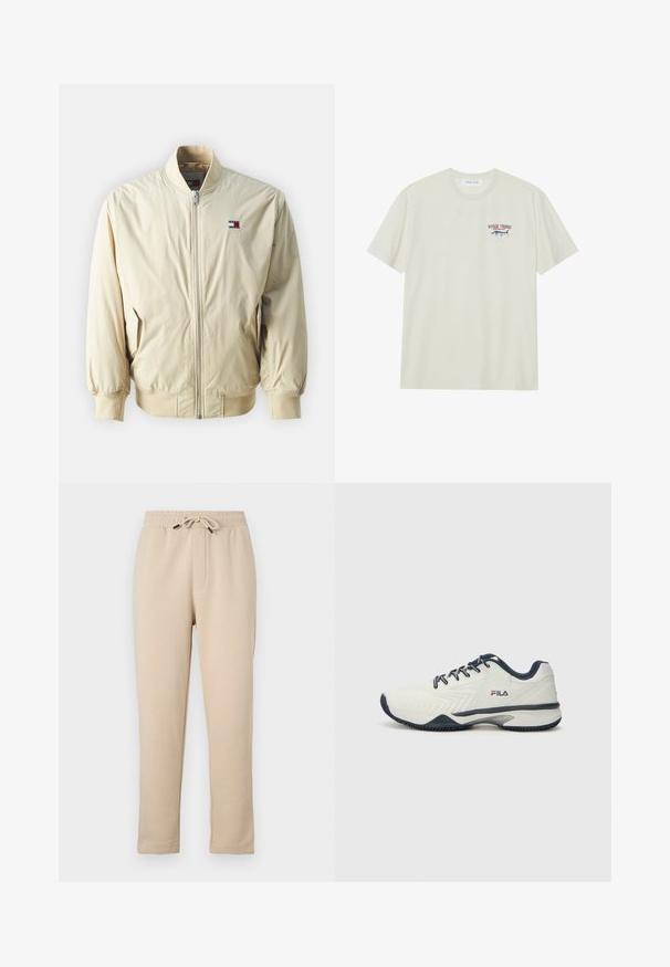 Lys beige bomberjakke med glidelås, ribbede mansjetter og avslutning. Har en liten logo-lapp i rødt, hvitt og blått på brystet.; Lys kremfarget bomull T-skjorte med korte ermer. Har et lite blått og rødt grafisk motiv av en marlin og teksten "MARLIN TROPHY".; Beige joggebukse med elastisk midjebånd, justerbar snor, to sidelommer og innsnevret bukseben. Myk tekstur, avslappet stil.; Hvite atletiske sko med en teksturert overdel, marineblå detaljer og lisser. Har en slitesterk såle med gripe mønstre og en fremtredende logo.