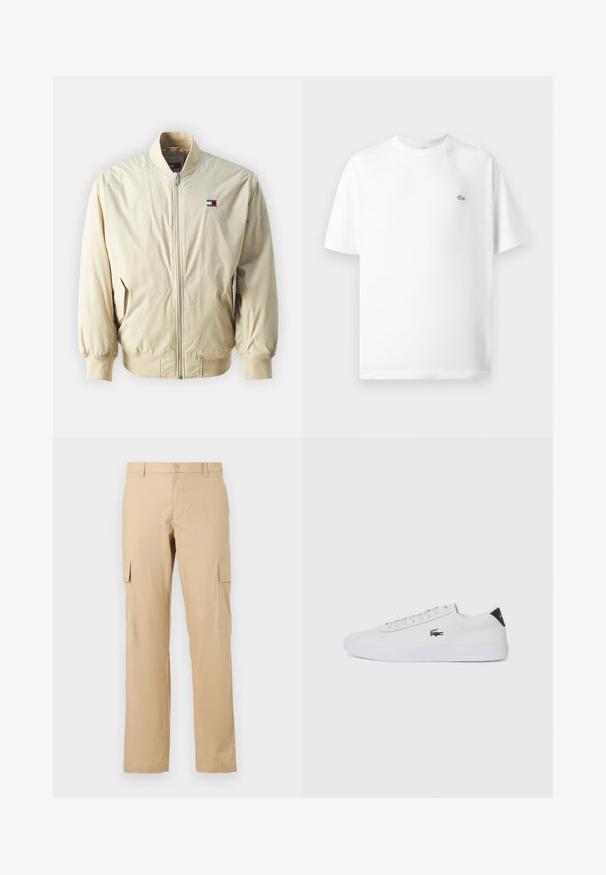 Svijetlosmeđi bomber jakna s zatvaranjem na rajsferšlus, rebrastim manžetama i rubom. Sadrži malu logo oznaku u crvenoj, bijeloj i plavoj boji na prsima.; Bijela pamučna majica kratkih rukava s okruglim izrezom. Ima mali crni Lacoste logo na lijevoj strani prsnog koša.; Bež cargo hlače od pamuka s ravnim krojem, opremljene bočnim džepovima i zakopčavanjem na dugme u struku. Glatka tekstura, bez uzoraka.; Bijele kožne tenisice s okruglim vrhom, vezanjem sprijeda i crnim detaljem na peti. Imaju mali izvezeni logotip krokodila s bočne strane.