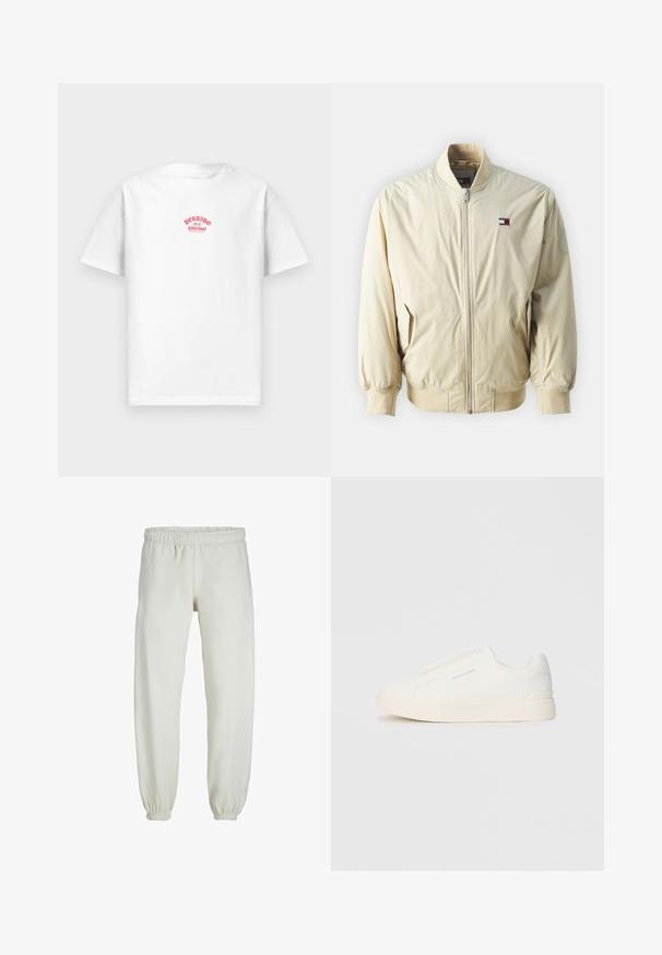 Kergelt beež bomber-jakk, millel on tõmblukuga sulgemine, soonikkoes varrukate ja allosa servad. Esiküljel on väike logotähis punases, valges ja sinises värvitoonis.; Valge puuvillane t-särk, millel on punane trükitud disain, mis ütleb "Perdido en el paraíso" rinna kohal, lühikesed varrud, vabalt langev lõige.; Valged trennipüksid, mis on valmistatud pehmest kangast, elastse vöökoha ja mansettidega, sileda tekstuuri ja lõdva lõikega.; Valged libisemiskindlad tossud tekstuuriga pinnaga, paksu tallaga ja minimalistikus disainis. Küljel on brändi logo.