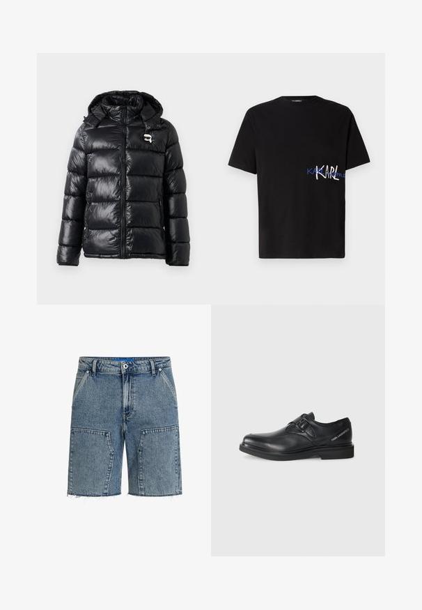 Chaqueta tipo abrigo negra con acabado brillante, capucha, cierre de cremallera y puños elásticos. Las características notables incluyen un pequeño parche con el logo en el pecho.; Camiseta de algodón negra con mangas cortas, que presenta un diseño gráfico con "KARL" en blanco y azul en el lado izquierdo. Estilo de cuello redondo.; Shorts de mezclilla en azul claro, con un corte relajado, dobladillo deshilachado y grandes bolsillos frontales. Hechos de tejido de mezclilla texturizado.; Zapato de cuero negro con punta redonda, detalle de hebilla simple y suela de goma plana. Presenta una marca en el lateral cerca del tacón.