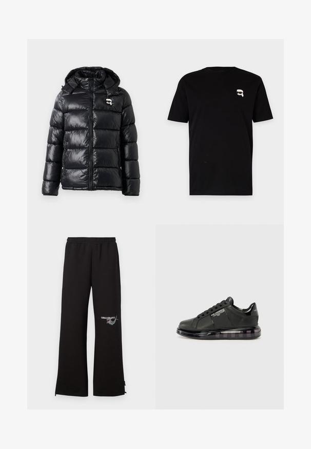 Sort pufferjakke med en skinnende finish, hætte, lynlås lukning og elastiske cuffs. Bemærkelsesværdige funktioner inkluderer et lille logo-patch på brystet.; Sort bomulds t-shirt med korte ærmer, der har et lille hvidt grafisk motiv af en karakter med briller på venstre bryst. Klassisk crew neck design.; Sorte sweatpants med elastisk talje, prydet med et broderet logo og grafisk detalje på venstre ben. Lige ben med lynlåse i kanten.; Sort sneakers med glat læderoverdel, rund tå og snørebåndsdesign. Har en klar, polstret sål med en mørk gradient.